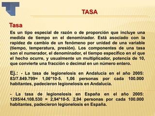 TASA
Tasa
Es un tipo especial de razón o de proporción que incluye una
medida de tiempo en el denominador. Está asociado con la
rapidez de cambio de un fenómeno por unidad de una variable
(tiempo, temperatura, presión). Los componentes de una tasa
son el numerador, el denominador, el tiempo específico en el que
el hecho ocurre, y usualmente un multiplicador, potencia de 10,
que convierte una fracción o decimal en un número entero.
Ej.: - La tasa de legionelosis en Andalucía en el año 2005:
83/7.849.799= 1,06*10-5. 1,06 personas por cada 100.000
habitantes, padecieron legionelosis en Andalucía.
- La tasa de legionelosis en España en el año 2005:
1295/44.108.530 = 2,94*10-5. 2,94 personas por cada 100.000
habitantes, padecieron legionelosis en España.
 