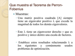Que muestra el Teorema de Perron-
Fobenius
   Muestras:
   ◦ Una matriz positiva cuadrada [A] siempre
     tiene un eigenvalor positivo  que excede la
     magnitud de todos los demás eigenvalores.

   ◦ Este  tiene un eigenvector derecho v que es
     positivo y único dentro una escala de factores.

   ◦ Establece estos resultados relacionando  a
     los siguientes y comúnmente usados
     problemas de optimización.
 