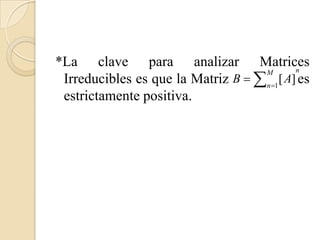 *La clave para analizar Matrices
 Irreducibles es que la Matriz B  n 1[ A] es
                                    M       n


 estrictamente positiva.
 