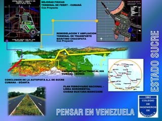 MEJORAS FISICAS
                        TERMINAL DE FERRY – CUMANÁ
                        Con Proyecto




                                                                        ESTADO SUCRE
                                  REMODELACION Y AMPLIACION
                                  TERMINAL DE TRANSPORTE
                                  MARITIMO CHACOPATA
                                  Con Proyecto




                                      AMPLIACION DE LA TRONCAL 009
                                      CUMANA – GÜIRIA

CONCLUSION DE LA AUTOPISTA A.J. DE SUCRE
CUMANA – GÜANTA
                                       PLAN FERROVIARIO NACIONAL –
                                       LINEA NORORIENTAL
                                       CIUDAD GUAYANA-MANICUARE




                                                                     LOGO
                                                                     CIES
                                  PENSAR EN VENEZUELA
 