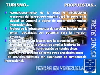 TURISMO.-              PROPUESTAS.-




                                  ESTADO SUCRE
            PENSAR EN VENEZUELA
 