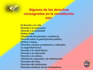 Algunos de los derechos
consagrados en la constitución
son:
El derecho a la vida
Derecho a la autonomía
Derecho a la intimidad
Hebeas Data.
Libertad de locomoción y residencia.
Derecho sobre la participación política.
Hebeas Corpus.
Derechos sociales económicos y culturales.
La seguridad social.
Derecho a la salud básica.
Derecho a la educación.
Derecho a la cultura.
Libertad de expresión y de información.
Derechos del niño.
Derechos del adolecente.
Derechos mínimos de los trabajadores.
 