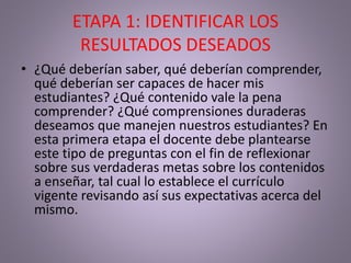 ETAPA 1: IDENTIFICAR LOS
RESULTADOS DESEADOS
• ¿Qué deberían saber, qué deberían comprender,
qué deberían ser capaces de hacer mis
estudiantes? ¿Qué contenido vale la pena
comprender? ¿Qué comprensiones duraderas
deseamos que manejen nuestros estudiantes? En
esta primera etapa el docente debe plantearse
este tipo de preguntas con el fin de reflexionar
sobre sus verdaderas metas sobre los contenidos
a enseñar, tal cual lo establece el currículo
vigente revisando así sus expectativas acerca del
mismo.
 