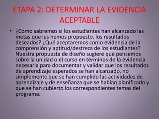 ETAPA 2: DETERMINAR LA EVIDENCIA
ACEPTABLE
• ¿Cómo sabremos si los estudiantes han alcanzado las
metas que les hemos propuesto, los resultados
deseados? ¿Qué aceptaremos como evidencia de la
comprensión y aptitud/destreza de los estudiantes?
Nuestra propuesta de diseño sugiere que pensemos
sobre la unidad o el curso en términos de la evidencia
necesaria para documentar y validar que los resultados
de aprendizaje esperados se han alcanzado, no
simplemente que se han cumplido las actividades de
aprendizaje y de enseñanza que se habían planificado y
que se han cubierto los correspondientes temas del
programa.
 