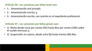 Artículo 36.- Las sanciones por faltas leves son:
• 1.- Amonestación oral privada;
• 2.- Amonestación escrita; y,
• 3.- Amonestación escrita, con asiento en el expediente profesional.
Artículo 37.- Las sanciones por faltas graves son:
• 1) Multa desde cinco por ciento (5%) hasta diez por ciento (10%) sobre
el sueldo mensual; y,
• 2) Suspensión sin salario, desde ocho (8) hasta treinta (30) días.
 