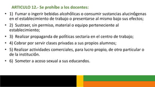 ARTICULO 12.- Se prohíbe a los docentes:
• 1) Fumar o ingerir bebidas alcohólicas o consumir sustancias alucinógenas
en el establecimiento de trabajo o presentarse al mismo bajo sus efectos;
• 2) Sustraer, sin permiso, material o equipo perteneciente al
establecimiento;
• 3) Realizar propaganda de políticas sectaria en el centro de trabajo;
• 4) Cobrar por servir clases privadas a sus propios alumnos;
• 5) Realizar actividades comerciales, para lucro propio, de otro particular o
de la institución.
• 6) Someter a acoso sexual a sus educandos.
 