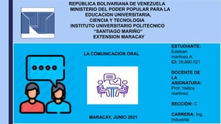 REPÚBLICA BOLIVARIANA DE VENEZUELA
MINISTERIO DEL PODER POPULAR PARA LA
EDUCACION UNIVERSITARIA,
CIENCIA Y TECNOLOGIA
INSTITUTO UNIVERSITARIO POLITECNICO
“SANTIAGO MARIÑO”
EXTENSION MARACAY
ESTUDIANTE:
Esteban
martinez A.
CI: 29.890.021
DOCENTE DE
LA
ASIGNATURA:
Prof. Yelitza
martinez
SECCIÓN: C
CARRERA: Ing.
Industrial
LA COMUNICACIÓN ORAL
MARACAY, JUNIO 2021
 