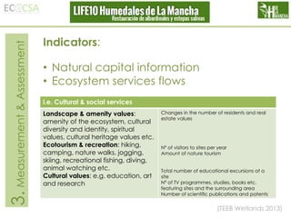 3. Measurement & Assessment

Indicators:
• Natural capital information
• Ecosystem services flows
i.e. Cultural & social services
Landscape & amenity values:
amenity of the ecosystem, cultural
diversity and identity, spiritual
values, cultural heritage values etc.
Ecotourism & recreation: hiking,
camping, nature walks, jogging,
skiing, recreational fishing, diving,
animal watching etc.
Cultural values: e.g. education, art
and research

Changes in the number of residents and real
estate values

Nº of visitors to sites per year
Amount of nature tourism
Total number of educational excursions at a
site
Nº of TV programmes, studies, books etc.
featuring sites and the surrounding area
Number of scientific publications and patents

(TEEB Wetlands 2013)

 