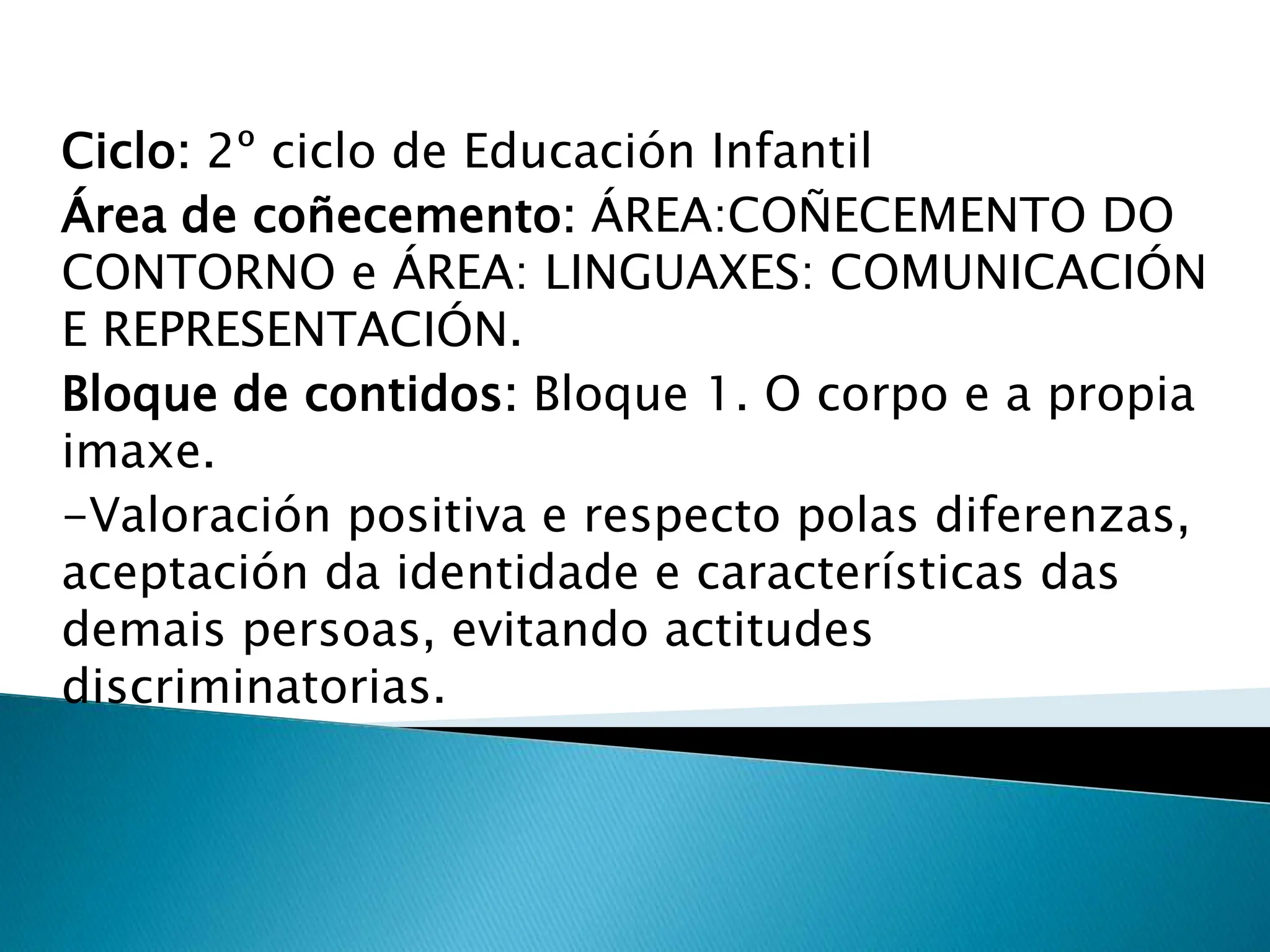 Ciclo: 2º ciclo de Educación Infantil
Área de coñecemento: ÁREA:COÑECEMENTO DO
CONTORNO e ÁREA: LINGUAXES: COMUNICACIÓN
E REPRESENTACIÓN.
Bloque de contidos: Bloque 1. O corpo e a propia
imaxe.
-Valoración positiva e respecto polas diferenzas,
aceptación da identidade e características das
demais persoas, evitando actitudes
discriminatorias.
 