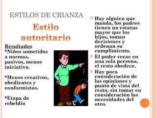 ESTILOS DE CRIANZA  Hay alguien que
manda, los padres
tienen un estatus
mayor que los
hijos, toman
decisiones y
ordenan su
cumplimiento.
 El poder recae en
una sola persona,
el resto obedece.
 Hay poca
consideración de
las opiniones y
punto de vista del
resto, sin tomar en
consideración las
necesidades del
otro.
Resultados
*Niños sometidos
a normas,
pasivos, menos
iniciativa.
*Menos creativos,
obedientes y
conformistas.
*Etapa de
rebeldía
 