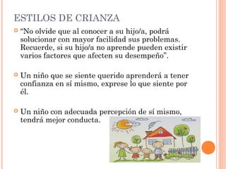 ESTILOS DE CRIANZA
 “No olvide que al conocer a su hijo/a, podrá
solucionar con mayor facilidad sus problemas.
Recuerde, si su hijo/a no aprende pueden existir
varios factores que afecten su desempeño”.
 Un niño que se siente querido aprenderá a tener
confianza en sí mismo, exprese lo que siente por
él.
 Un niño con adecuada percepción de sí mismo,
tendrá mejor conducta.
 