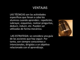 VENTAJAS	
  
LAS	
  TÉCNICAS	
  son	
  las	
  ac>vidades	
  
especiﬁcas	
  que	
  llevan	
  a	
  cabo	
  los	
  
alumnos	
  cuando	
  aprenden.:	
  repe>ción,	
  
subrayar,	
  esquemas,	
  realizar	
  preguntas,	
  
deducir,	
  inducir,	
  etc.	
  Pueden	
  ser	
  
u>lizadas	
  de	
  forma	
  mecánica.	
  	
  
	
  
	
  LAS	
  ESTRATEGIA:	
  se	
  considera	
  una	
  guía	
  
de	
  las	
  acciones	
  que	
  hay	
  seguir.	
  Por	
  
tanto,	
  son	
  siempre	
  conscientes	
  e	
  
intencionales,	
  dirigidas	
  a	
  un	
  obje>vo	
  
relacionado	
  con	
  el	
  aprendizaje.	
  	
  
 