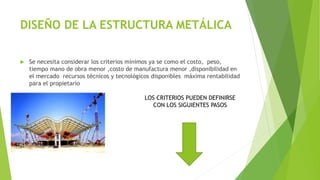 DISEÑO DE LA ESTRUCTURA METÁLICA
 Se necesita considerar los criterios mínimos ya se como el costo, peso,
tiempo mano de obra menor ,costo de manufactura menor ,disponibilidad en
el mercado recursos técnicos y tecnológicos disponibles máxima rentabilidad
para el propietario
LOS CRITERIOS PUEDEN DEFINIRSE
CON LOS SIGUIENTES PASOS
 