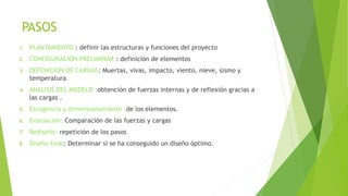PASOS
1. PLANTAMIENTO : definir las estructuras y funciones del proyecto
2. CONFIGURACIÓN PRELIMINAR : definición de elementos
3. DEFENICION DE CARGAS: Muertas, vivas, impacto, viento, nieve, sismo y
temperatura.
4. ANALISIS DEL MODELO :obtención de fuerzas internas y de reflexión gracias a
las cargas .
5. Escogencia y dimensionamiento :de los elementos.
6. Evaluación: Comparación de las fuerzas y cargas
7. Rediseño: repetición de los pasos
8. Diseño final: Determinar si se ha conseguido un diseño óptimo.
 