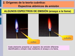 cobrecobre
ALGUNOS ESPECTROS DE EMISIÓN (ensayo a la llama)ALGUNOS ESPECTROS DE EMISIÓN (ensayo a la llama)
cobaltocobalto
Cada elemento presenta un espectro de emisión diferente
identificable a simple vista mediante el ensayo a la llama.
2. Orígenes de la teoría cuántica:
Espectros atómicos de emisión
 
