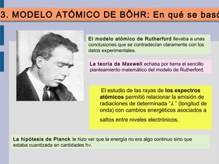 3. MODELO ATÓMICO DE BÖHR: En qué se basó3. MODELO ATÓMICO DE BÖHR: En qué se basó
El modelo atómico de Rutherford llevaba a unas
conclusiones que se contradecían claramente con los
datos experimentales.
La teoría de Maxwell echaba por tierra el sencillo
planteamiento matemático del modelo de Rutherford.
      El estudio de las rayas de los espectros
atómicos permitió relacionar la emisión de 
radiaciones de determinada “λ ” (longitud de 
onda) con cambios energéticos asociados a 
saltos entre niveles electrónicos.
La hipótesis de Planck le hizo ver que la energía no era algo continuo sino que
estaba cuantizada en cantidades hν.
 