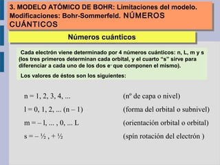 n = 1, 2, 3, 4, ... (nº de capa o nivel)
l = 0, 1, 2, ... (n – 1) (forma del orbital o subnivel)
m = – l, ... , 0, ... L (orientación orbital o orbital)
s = – ½ , + ½ (spín rotación del electrón )
Cada electrón viene determinado por 4 números cuánticos: n, L, m y s
(los tres primeros determinan cada orbital, y el cuarto “s” sirve para
diferenciar a cada uno de los dos e–
que componen el mismo).
Los valores de éstos son los siguientes:
Números cuánticosNúmeros cuánticos
3. MODELO ATÓMICO DE BOHR: Limitaciones del modelo.
Modificaciones: Bohr-Sommerfeld. NÚMEROS
CUÁNTICOS
3. MODELO ATÓMICO DE BOHR: Limitaciones del modelo.
Modificaciones: Bohr-Sommerfeld. NÚMEROS
CUÁNTICOS
 