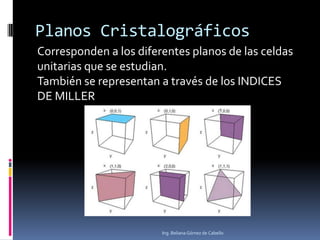 Planos Cristalográficos
Corresponden a los diferentes planos de las celdas
unitarias que se estudian.
También se representan a través de los INDICES
DE MILLER

Ing. Beliana Gómez de Cabello

 