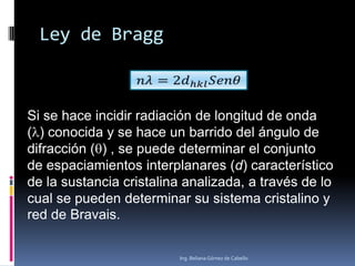 Ley de Bragg

Si se hace incidir radiación de longitud de onda
(l) conocida y se hace un barrido del ángulo de
difracción (q) , se puede determinar el conjunto
de espaciamientos interplanares (d) característico
de la sustancia cristalina analizada, a través de lo
cual se pueden determinar su sistema cristalino y
red de Bravais.
Ing. Beliana Gómez de Cabello

 