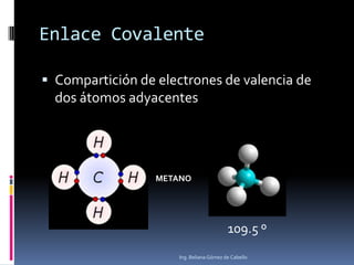 Enlace Covalente
 Compartición de electrones de valencia de
dos átomos adyacentes
109.5 º
METANO
Ing. Beliana Gómez de Cabello
 
