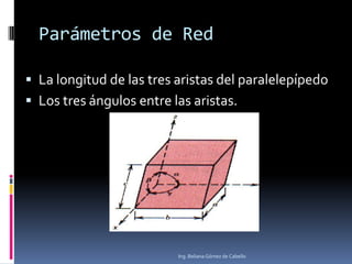 Parámetros de Red
 La longitud de las tres aristas del paralelepípedo
 Los tres ángulos entre las aristas.
Ing. Beliana Gómez de Cabello
 