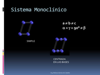 Sistema Monoclínico
SIMPLE
CENTRADA
EN LAS BASES
Ing. Beliana Gómez de Cabello
a  b  c
 =  = 90°  
 