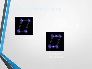 Sistema Monoclínico
SIMPLE
CENTRADA
EN LAS BASES
Ing. Beliana Gómez de Cabello
a  b  c
 =  = 90°  
 