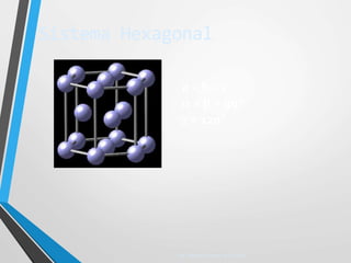 Sistema Hexagonal
Ing. Beliana Gómez de Cabello
a = b  c
 =  = 90°
 = 120°
 