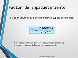 Factor de Empaquetamiento
Fracción volumétrica de celda unitaria ocupada por átomos
Ing. Beliana Gómez de Cabello
V átomos es el volumen de los átomos asumidos como esferas
V celda es el volumen de la celda según su geometría
𝐹𝑒 =
𝑉á𝑡𝑜𝑚𝑜𝑠
𝑉𝑐𝑒𝑙𝑑𝑎
 