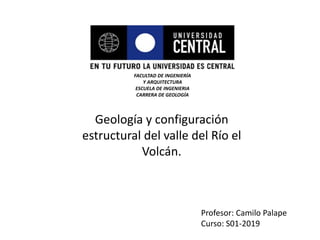 Geología y configuración
estructural del valle del Río el
Volcán.
Profesor: Camilo Palape
Curso: S01-2019
FACULTAD DE INGENIERÍA
Y ARQUITECTURA
ESCUELA DE INGENIERIA
CARRERA DE GEOLOGÍA
 