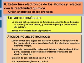 ÁTOMO DE HIDRÓGENO:
La energía del electron está en función únicamente de su distancia
al núcleo (tamaños orbital), y no de la región que ocupa (forma
del orbital).
Todos los orbitales están degenerados
ÁTOMO DE HIDRÓGENO:
La energía del electron está en función únicamente de su distancia
al núcleo (tamaños orbital), y no de la región que ocupa (forma
del orbital).
Todos los orbitales están degenerados
ÁTOMOS POLIELECTRÓNICOS:
Cada electrón está sujeto a la atracción nuclear y a la repulsión de
los demás electrones o apantallamiento: los electrones adquieren
diferente energía.
Aparece la penetrabilidad del orbital: la forma del orbital (definidad
por l), establece el acercamiento instantánero máximo del
electrón al núcleo.
El orden de penetrabilidad es s > p > d > f
Y el orden de energía es s < p < d < f
ÁTOMOS POLIELECTRÓNICOS:
Cada electrón está sujeto a la atracción nuclear y a la repulsión de
los demás electrones o apantallamiento: los electrones adquieren
diferente energía.
Aparece la penetrabilidad del orbital: la forma del orbital (definidad
por l), establece el acercamiento instantánero máximo del
electrón al núcleo.
El orden de penetrabilidad es s > p > d > f
Y el orden de energía es s < p < d < f
6. Estructura electrónica de los átomos y relación
con la reactividad química.
Orden energético de los orbitales
6. Estructura electrónica de los átomos y relación
con la reactividad química.
Orden energético de los orbitales
 
