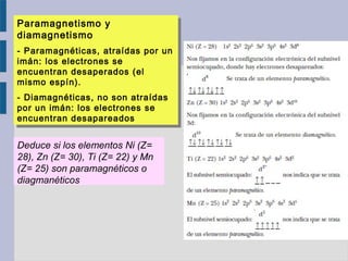 Paramagnetismo y
diamagnetismo
- Paramagnéticas, atraídas por un
imán: los electrones se
encuentran desaperados (el
mismo espín).
- Diamagnéticas, no son atraídas
por un imán: los electrones se
encuentran desapareados
Paramagnetismo y
diamagnetismo
- Paramagnéticas, atraídas por un
imán: los electrones se
encuentran desaperados (el
mismo espín).
- Diamagnéticas, no son atraídas
por un imán: los electrones se
encuentran desapareados
Deduce si los elementos Ni (Z=
28), Zn (Z= 30), Ti (Z= 22) y Mn
(Z= 25) son paramagnéticos o
diagmanéticos
 