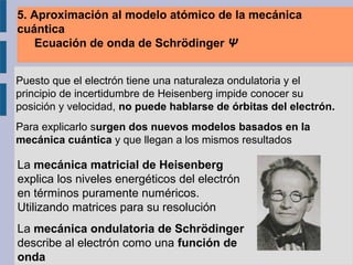 5. Aproximación al modelo atómico de la mecánica
cuántica
Ecuación de onda de Schrödinger Ψ
Puesto que el electrón tiene una naturaleza ondulatoria y el
principio de incertidumbre de Heisenberg impide conocer su
posición y velocidad, no puede hablarse de órbitas del electrón.
Para explicarlo surgen dos nuevos modelos basados en la
mecánica cuántica y que llegan a los mismos resultados
La mecánica matricial de Heisenberg
explica los niveles energéticos del electrón
en términos puramente numéricos.
Utilizando matrices para su resolución
La mecánica ondulatoria de Schrödinger
describe al electrón como una función de
onda
 