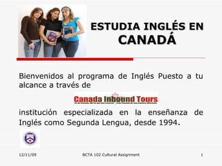 Bienvenidos al programa de Inglés Puesto a tu alcance a través de  institución especializada en la enseñanza de Inglés como Segunda Lengua, desde 1994 . 12/11/09 BCTA 102 Cultural Assignment ESTUDIA INGLÉS EN  CANADÁ 