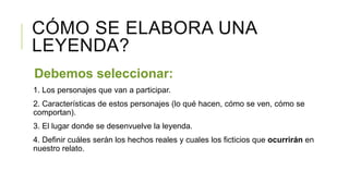 CÓMO SE ELABORA UNA
LEYENDA?
Debemos seleccionar:
1. Los personajes que van a participar.
2. Características de estos personajes (lo qué hacen, cómo se ven, cómo se
comportan).
3. El lugar donde se desenvuelve la leyenda.
4. Definir cuáles serán los hechos reales y cuales los ficticios que ocurrirán en
nuestro relato.
 