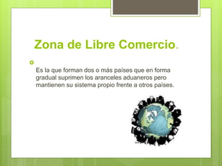 Zona de Libre Comercio.

Es la que forman dos o más países que en forma
gradual suprimen los aranceles aduaneros pero
mantienen su sistema propio frente a otros países.
 