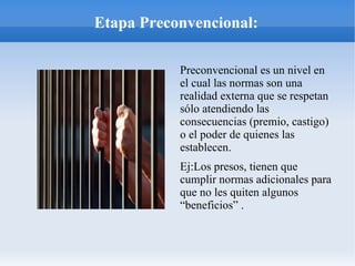 Etapa Preconvencional:
Preconvencional es un nivel en
el cual las normas son una
realidad externa que se respetan
sólo ate...