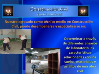 Nuestro egresado como técnico medio en Construcción Civil, puede desempeñarse y especializarse en: 