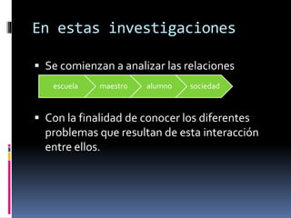 En estas investigaciones 
 Se comienzan a analizar las relaciones 
escuela maestro alumno sociedad 
 Con la finalidad de conocer los diferentes 
problemas que resultan de esta interacción 
entre ellos. 
 