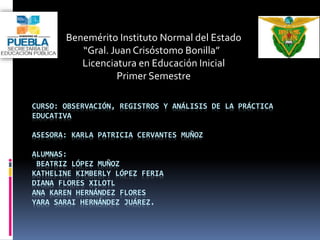 Benemérito Instituto Normal del Estado 
“Gral. Juan Crisóstomo Bonilla” 
Licenciatura en Educación Inicial 
Primer Semestre 
CURSO: OBSERVACIÓN, REGISTROS Y ANÁLISIS DE LA PRÁCTICA 
EDUCATIVA 
ASESORA: KARLA PATRICIA CERVANTES MUÑOZ 
ALUMNAS: 
BEATRIZ LÓPEZ MUÑOZ 
KATHELINE KIMBERLY LÓPEZ FERIA 
DIANA FLORES XILOTL 
ANA KAREN HERNÁNDEZ FLORES 
YARA SARAI HERNÁNDEZ JUÁREZ. 
 