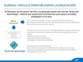 25
EUREKA: VINCULO PARA MEJORAR LA EDUCACIÓN
Marco
Curricular
Es parte de un
sistema
curricular
“Rutas del aprendizaje"
Es un documento político, social, cultural y técnico que define el
aprendizaje fundamental que todo estudiante peruano tiene el derecho de
alcanzar durante la educación básica.
Incluye instrumentos que ya han sido desarrollados y algunos otros que se
encuentran en proceso de desarrollo. Estos están organizados en tres
niveles:
-Objetivo: Marco curricular
-Articulador: Mapas de progreso
-Pedagógico: Rutas del aprendizaje
Corresponde al nivel pedagógico.
Es el nivel más cercano a la realidad de los profesores que toman
decisiones pedagógicas para alcanzar los resultados de aprendizaje
planteados en la currícula.
El Ministerio de Educación del Perú, ha generado desde este año las “Rutas del
Aprendizaje”, material que proporciona orientaciones para apoyar el trabajo
pedagógico en el aula.
 