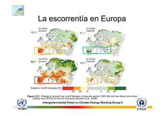 La escorrentía en Europa




Figure 12.1: Change in annual river runoff between a base-line period (1961-90) and two future time slices
    (2020s) and (2070s) for the A2 scenarios (Alcamo et al., 2006).
              Intergovernmental Panel on Climate Change Working Group II
 