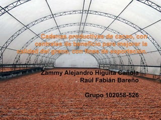 Cadenas productivas de cacao, con
centrales de beneficio para mejorar la
calidad del grano, con fines de exportación.

Zammy Alejandro Higuita Cañola
Raúl Fabián Bareño
Grupo 102058-526

 