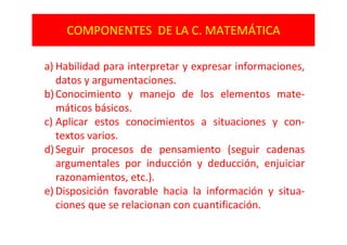 COMPONENTES  DE LA C. MATEMÁTICA
a) Habilidad para interpretar y expresar informaciones, 
datos y argumentaciones.
b)Conocimiento  y  manejo  de  los  elementos  mate‐
máticos básicos.
c) Aplicar  estos  conocimientos  a  situaciones  y  con‐
textos varios.
d)Seguir  procesos  de  pensamiento  (seguir  cadenas 
argumentales  por  inducción  y  deducción,  enjuiciar 
razonamientos, etc.).
e) Disposición  favorable  hacia  la  información  y  situa‐
ciones que se relacionan con cuantificación.
 