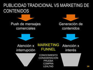 PUBLICIDAD TRADICIONAL VS MARKETING DE
CONTENIDOS
Push de mensajes
comerciales

Generación de
contenidos

Atención x MARKETING Atención x
FUNNEL
interrupción
interés
CONOCIMIENTO
CONSIDERACIÓN
PRUEBA
COMPRA
LEALTAD

20

 