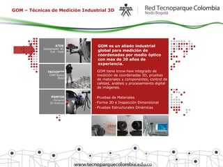 GOM – Técnicas de Medición Industrial 3D




                      ATOS        GOM es un aliado industrial
            Digitalizador 3D
                  Full - Field    global para medición de
                                  coordenadas por medio óptico
                                  con mas de 20 años de
                                  experiencia.

               TRITOPCMM          GOM tiene know-how integrado de
                 CMM Óptico       medición de coordenadas 3D, pruebas
                      Mobil
                                  de materiales y componentes, control de
                                  calidad, análisis y procesamiento digital
                                  de imágenes.

                  PONTOS         · Pruebas de Materiales
                   Dynamic
                 3D Analysis     · Forma 3D e Inspección Dimensional
                                 · Pruebas Estructurales Dinámicas




                                                         ARGUS
                                                         Deformation
                                                         Analysis in sheet
                                                         metal forming
 