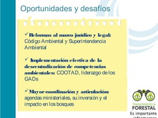 Oportunidades y desafíos


 Reformas al marco jurídico y legal:
 Código Ambiental y Superintendencia
 Ambiental

  Implementación efectiva de la
 descentralización de competencias
 ambientales: COOTAD, liderazgo de los
 GADs

 M  ayor coordinación y articulación:
 agendas ministeriales, su inversión y el
 impacto en los bosques
                                            Es importante
 
