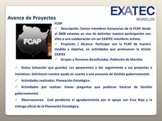 Avance de ProyectosCONSTITUCIÓN DE LA ASOCIACIÓNDescripción: Constituir a EXATEC Morelos como una 	Asociación Civil.