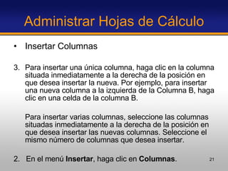 Administrar Hojas de Cálculo Insertar Columnas Para insertar una única columna, haga clic en la columna situada inmediatamente a la derecha de la posición en que desea insertar la nueva. Por ejemplo, para insertar una nueva columna a la izquierda de la Columna B, haga clic en una celda de la columna B.  Para insertar varias columnas, seleccione las columnas situadas inmediatamente a la derecha de la posición en que desea insertar las nuevas columnas. Seleccione el mismo número de columnas que desea insertar. 2.  En el menú  Insertar , haga clic en  Columnas . 