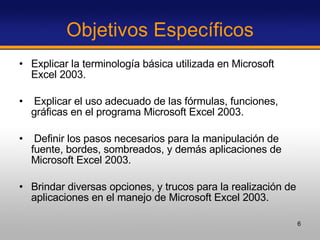 Objetivos Específicos Explicar la terminología básica utilizada en Microsoft Excel 2003.  Explicar el uso adecuado de las fórmulas, funciones, gráficas en el programa Microsoft Excel 2003. Definir los pasos necesarios para la manipulación de fuente, bordes, sombreados, y demás aplicaciones de Microsoft Excel 2003.  Brindar diversas opciones, y trucos para la realización de aplicaciones en el manejo de Microsoft Excel 2003. 